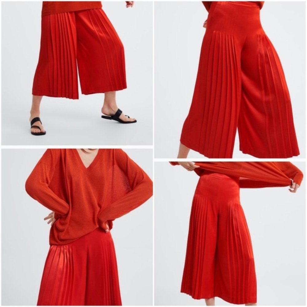 ZARA Fire Engine Red Satin Effect Pleated Culottes Pants $69.90